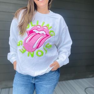 NWT White distressed neon Rolling Stones crew